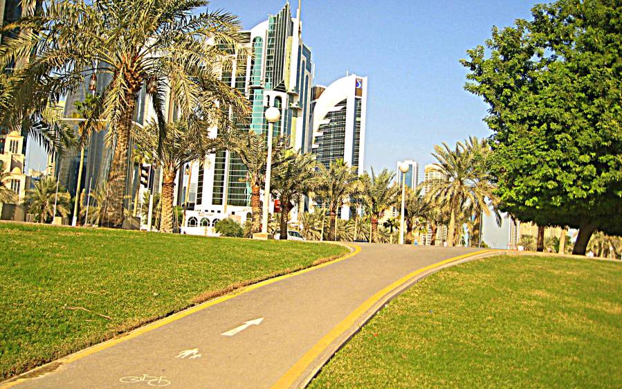 Doha's West Bay Business District, bike lanes included. But where are the cyclists?