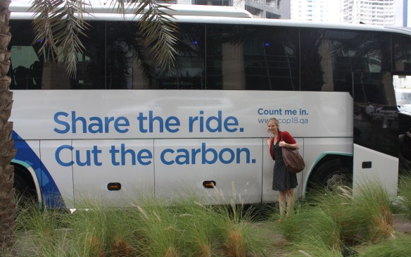 Because the conference venue was far from the city centre, buses shuttled delegates from selected locations. (I attended COP18 as a writer for IISD Earth Negotiations Bulletin, covering selected side events. While the formal plenary is lengthy and complicated, side events discuss research and policy to address climate change on the ground.)