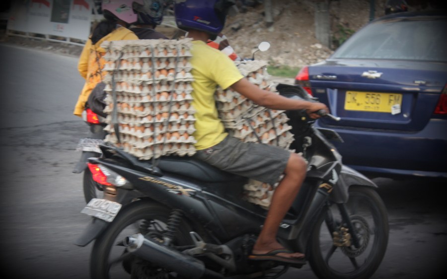 Whoever said that eggs were fragile? This guy dares to adventure into rush hour traffic...