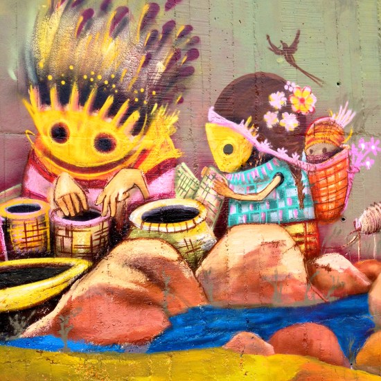 Local art, reflecting indigenous stories of creation in the Metropolitan Area’s Green Belt project in "Comuna 8"